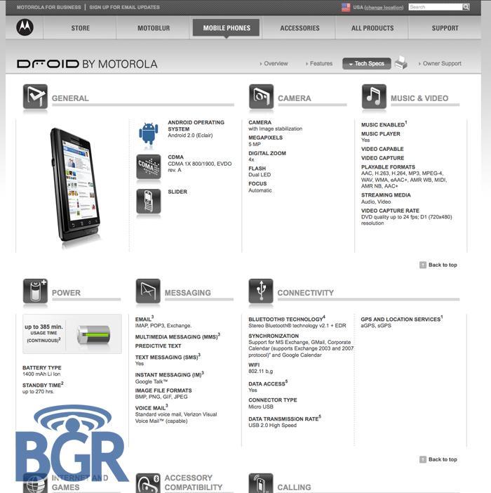 Motorola Droid for Verizon leaked on website (screenshot2)