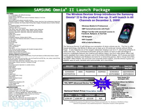 Leaked Samsung Omnia II document