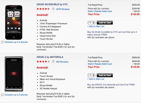 Droid 2 Droid Incredible pricing