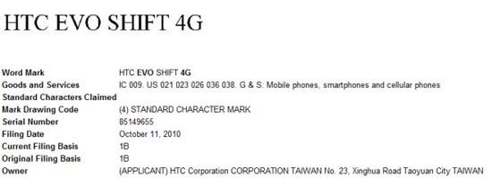 HTC EVO Shift 4G trademark