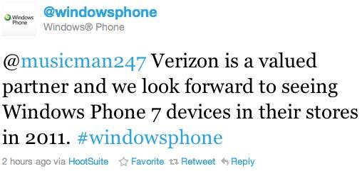 Windows Phone 7 Verizon tweet