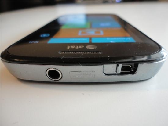 Samsung Focus top view with it's 3.5mm headphone jack and micro USB port