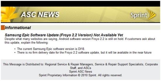 Epic 4G Froyo Android 2.2 not available