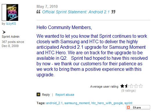 Sprint Moment Hero and Android 2.1 update