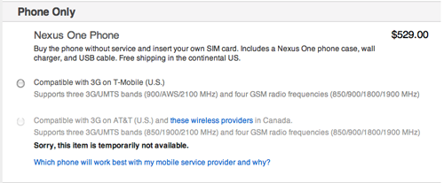 AT&T Nexus One Unavailable