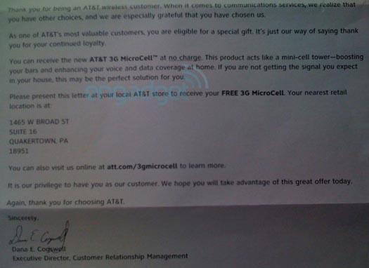 AT&T 3G MicroCell letter