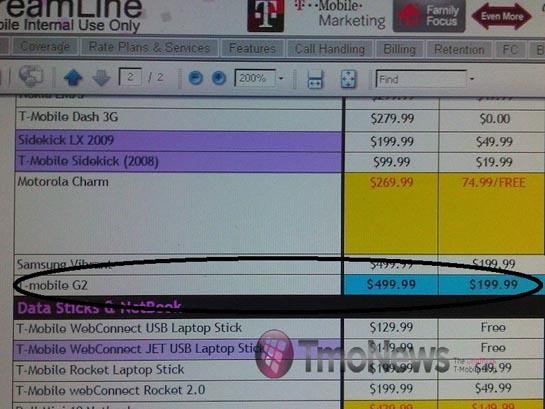 T-Mobile G2 pricing