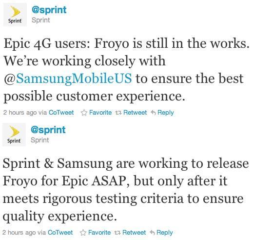 Sprint Epic 4G Android 2.2 Froyo tweets