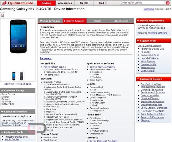 Verizon Galaxy Nexus Equipment Guide launch date