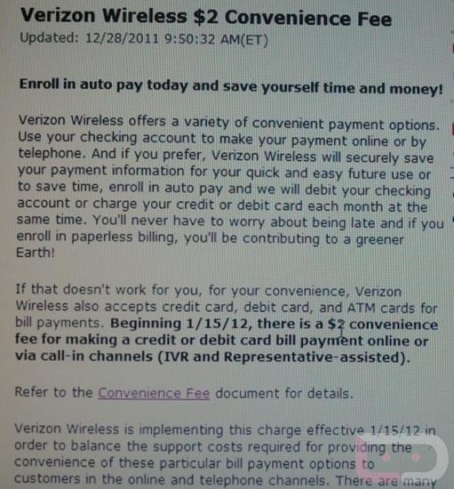 Verizon Wireless $2 Convenience Fee