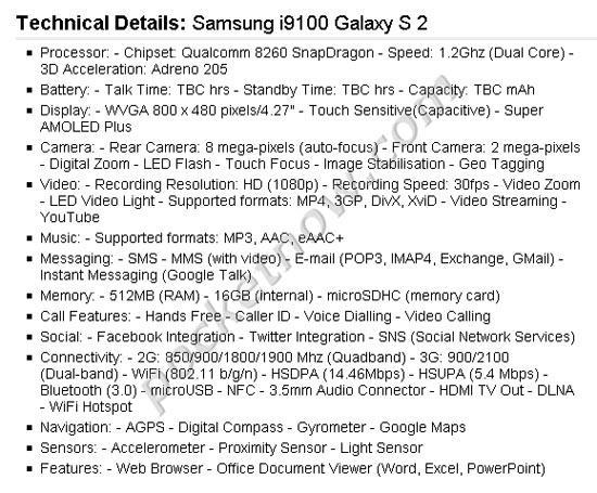 Samsung Galaxy S2 specs