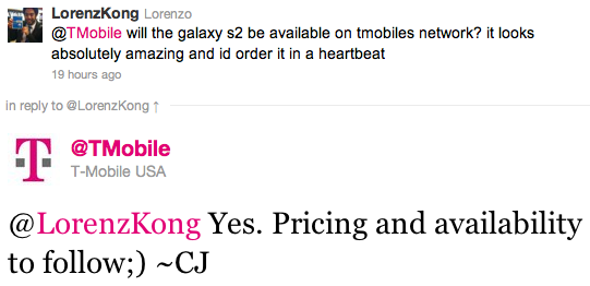 T-Mobile Samsung Galaxy S2 tweet