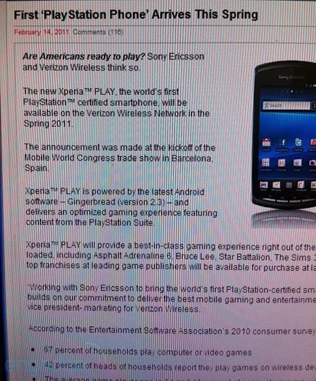 Sony Ericsson Xperia Play Verizon system