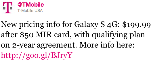 Samsung Galaxy S 4G pricing