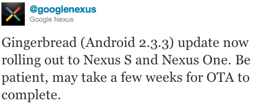 Google Nexus S Nexus One Gingerbread tweet