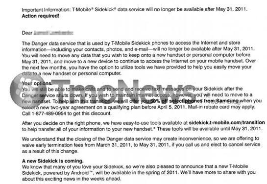 T-Mobile Sidekick letter excerpt