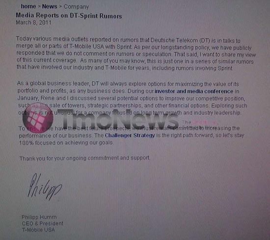 T-Mobile CEO Philip Humm Sprint letter