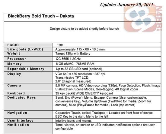 BlackBerry Bold Touch Dakota specs