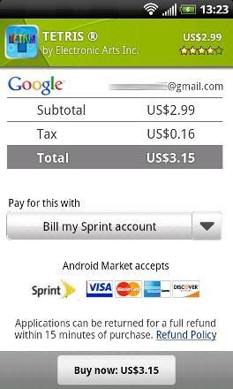 Sprint Android Market carrier billing