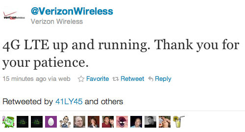 Verizon 4G LTE network tweet