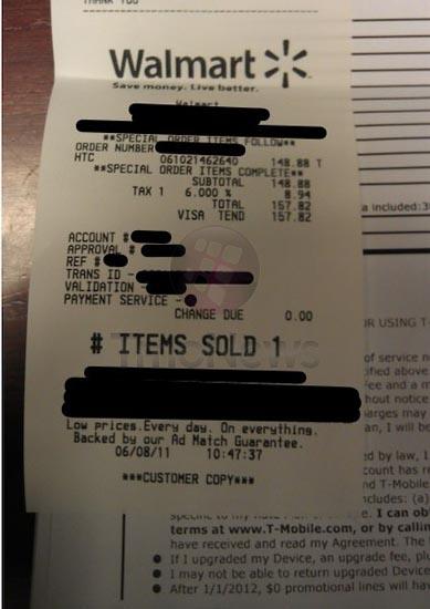 HTC Sensation 4G Walmart receipt