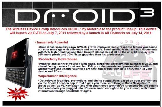 Motorola DROID 3 launch date