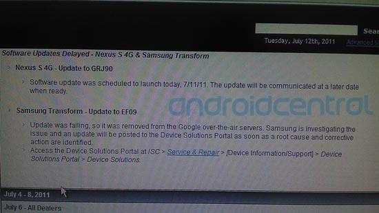Nexus S 4G GRJ90 update delay