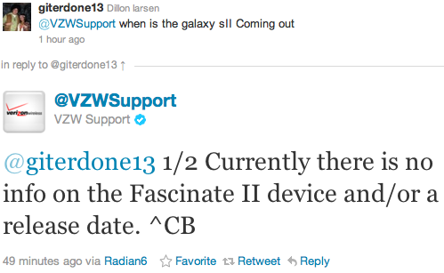 Verizon Samsung Fascinate II tweet