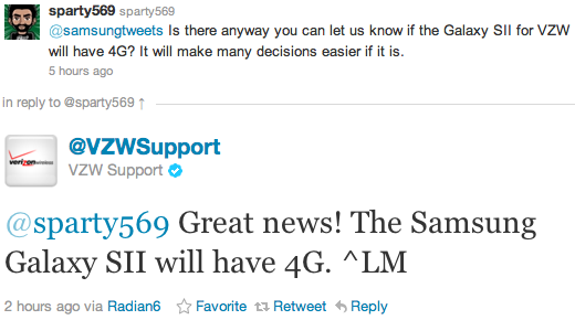 Verizon Samsung Galaxy S II 4G LTE tweet