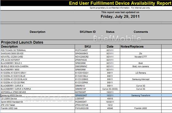 Sprint Samsung M930 LG LS855 Optimus Black release dates