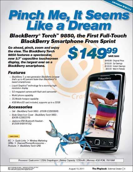BlackBerry Torch 9850 Sprint Playbook launch price