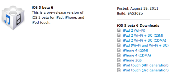 iOS 5 beta 6 9A5302b
