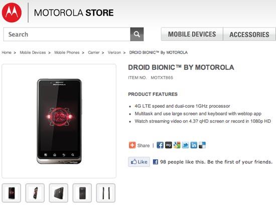 Motorola DROID Bionic official store page