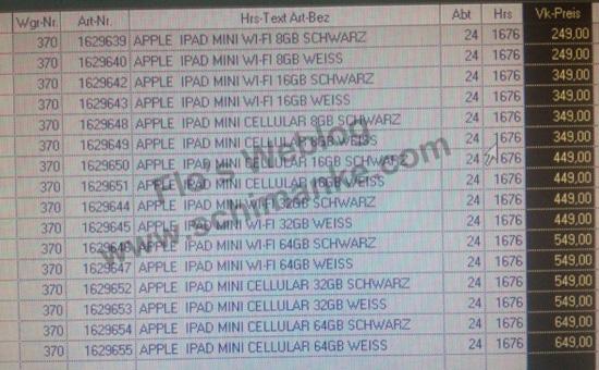 iPad mini inventory leak storage, pricing