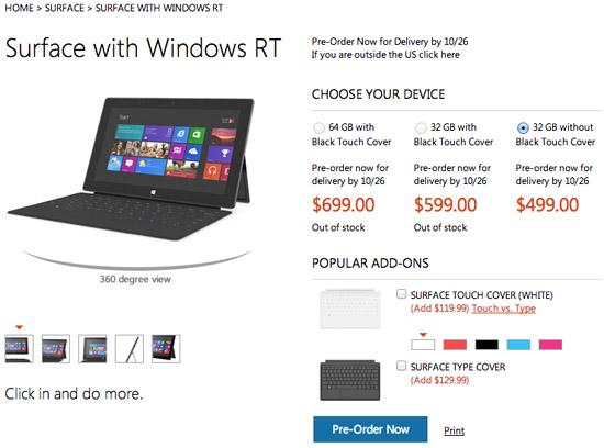 Microsoft Surface with Windows RT pricing
