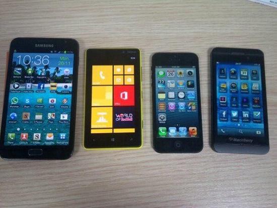 BlackBerry 10 L-Series, Apple iPhone 5, Nokia Lumia 820, Samsung Galaxy Note