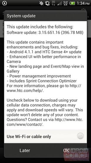 HTC EVO 4G LTE Jelly Bean 3.15.651.16 update