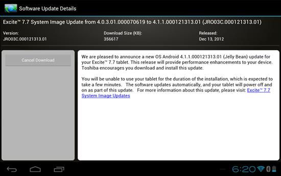 Toshiba Excite 7.7 Android 4.1.1 Jelly Bean update