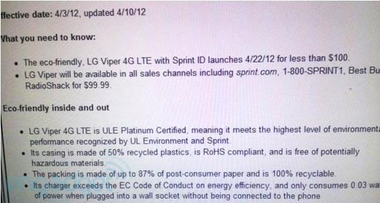 LG Viper 4G LTE Sprint launch leak