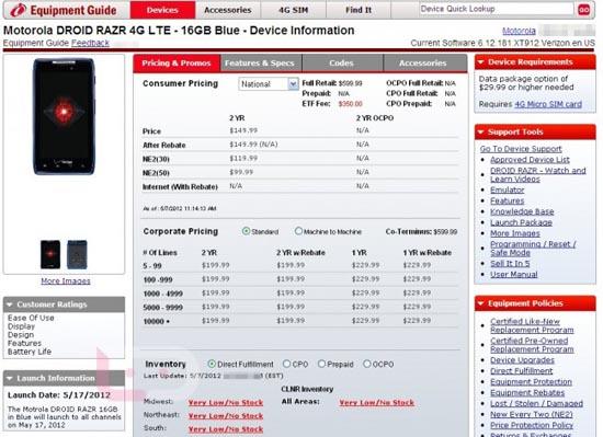 Blue Motorola DROID RAZR launch, price leak