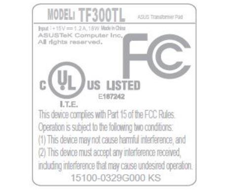 ASUS Transformer Pad TF300TL FCC label