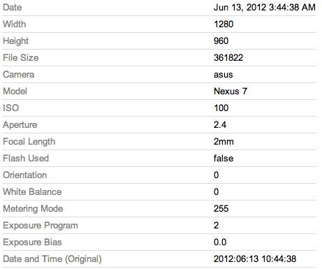 ASUS Nexus 7 photo EXIF data