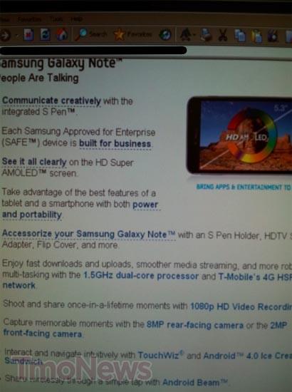 T-Mobile Samsung Galaxy Note specs leak
