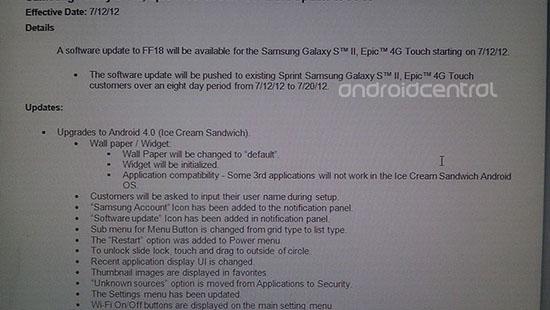 Samsung Epic 4G Touch Android 4.0 update rumor