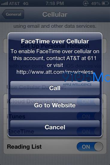 FaceTime over Cellular AT&T iOS 6 beta 3 leak