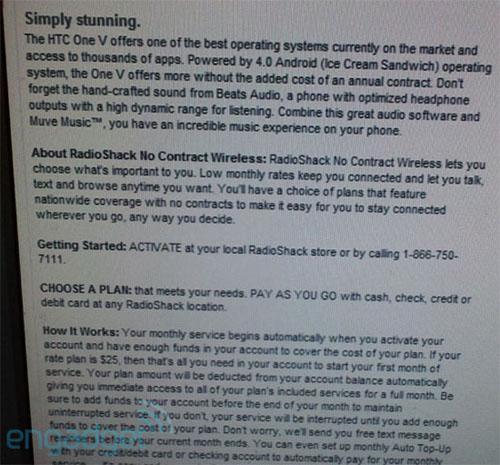 RadioShack Mobile HTC One V details leak