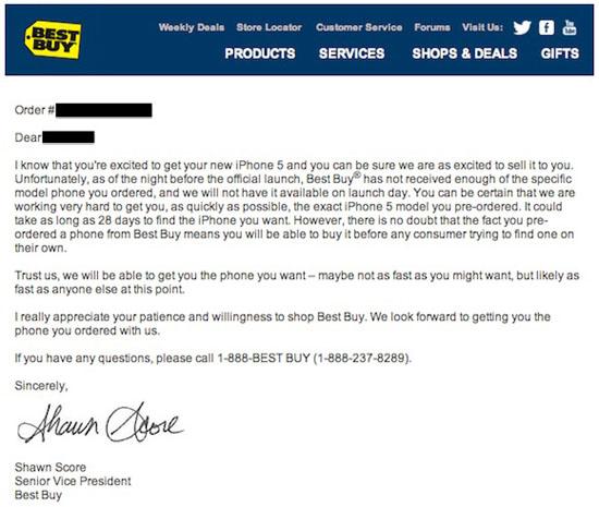 Best Buy iPhone 5 pre-order shortage email