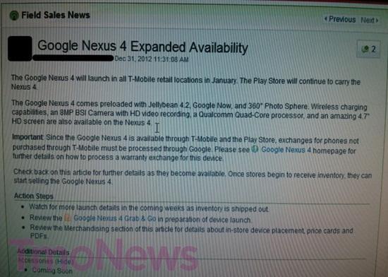 Nexus 4 expanded T-Mobile availability