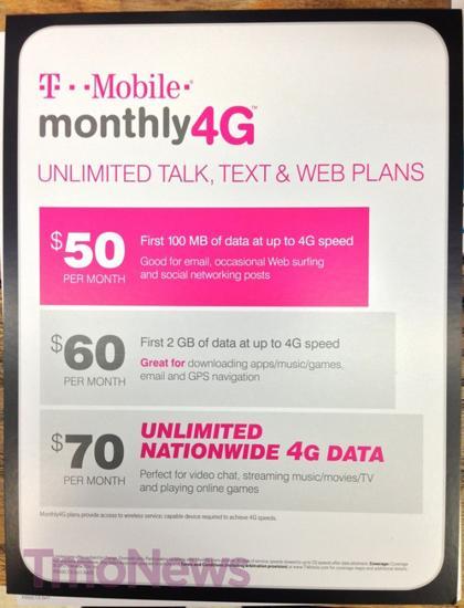 T-Mobile Unlimited Nationwide 4G Data Monthly4G leak