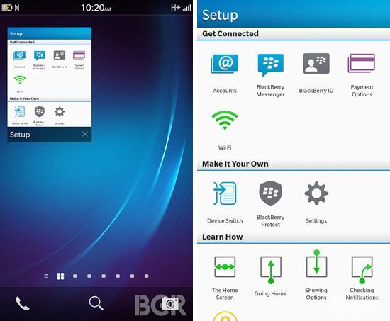 BlackBerry 10 Home screen, setup screenshots